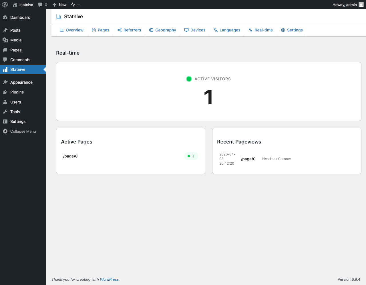 Statnive Temps réel — compteur de visiteurs actifs, pages actives, pages vues récentes